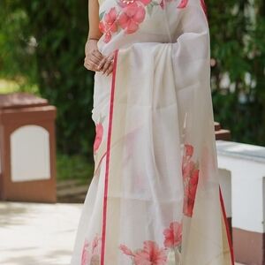 Floral White and Pink Saree